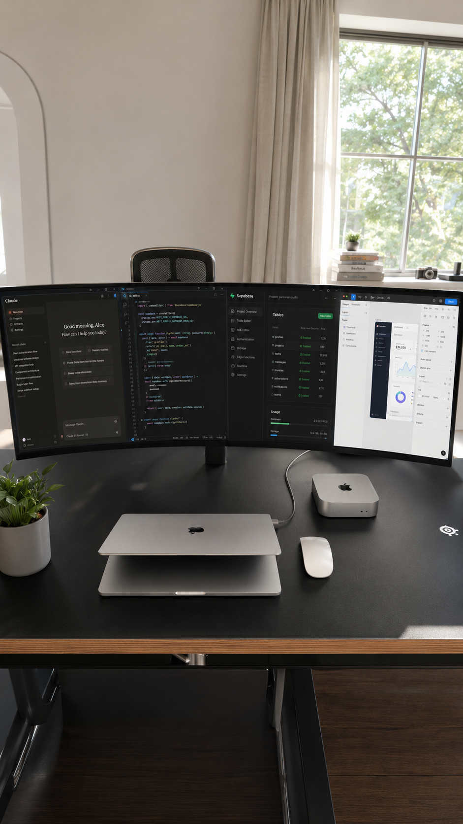 Vyron Tech Solutions workspace with multiple monitors, laptop and Apple Mac Studio on a modern desk